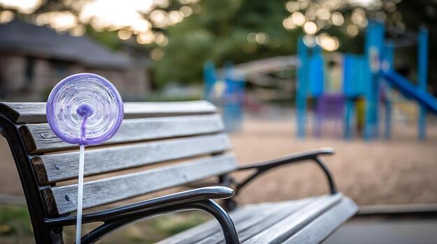 Lollipop Left Behind at Empty Playground Bench. photo