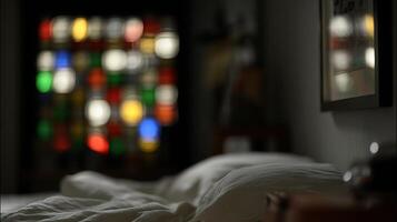 suavemente iluminado dormitorio interior con acogedor atmósfera y borroso vistoso luces. foto