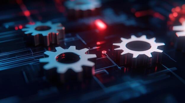 Abstract Technology Gears on Circuit Board Digital Innovation and Mechanism photo
