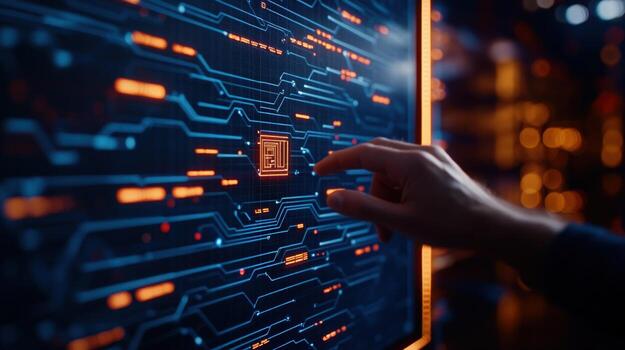 Digital Interface A Hand Interacting with Futuristic Technology Display photo