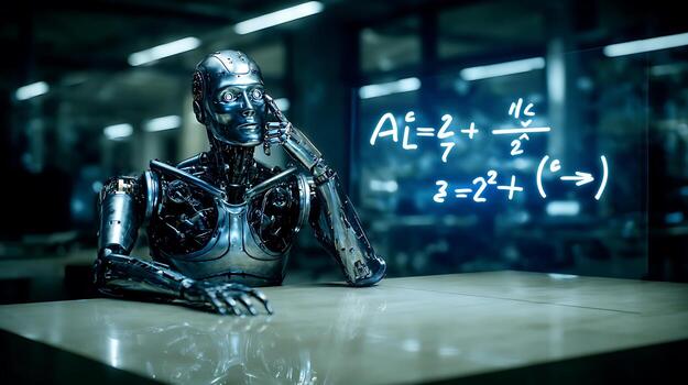 Thinking Robot Studying Complex Equations on a Futuristic Display. photo