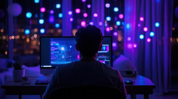 noche descifrador iluminado espacio de trabajo foto