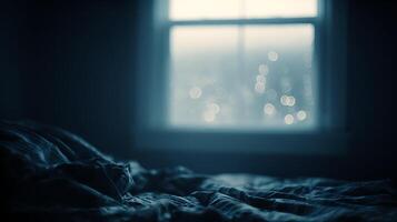 acogedor dormitorio escena con suave bokeh luces mediante el ventana. foto