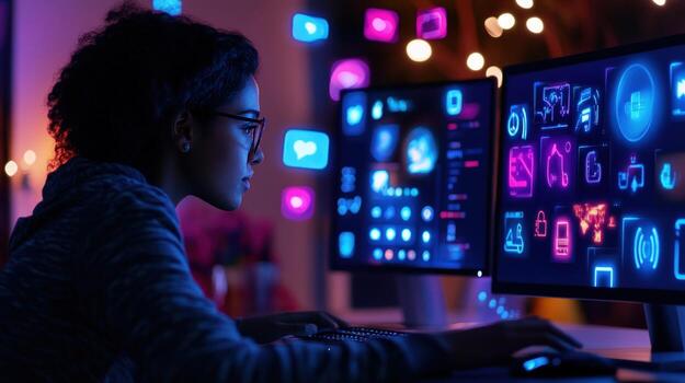 Night Coder A young woman focused on her dual monitor setup, immersed in a world of vibrant digital interfaces and glowing neon icons. photo