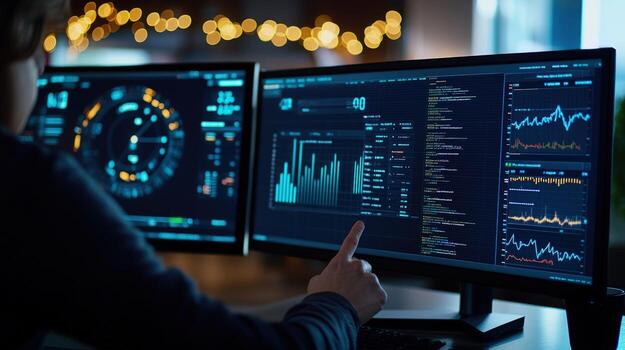 Data Analyst Working Late Analyzing Complex Financial Charts and Code on Dual Monitors photo