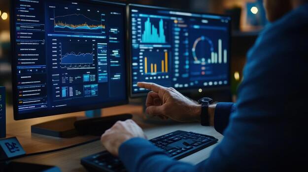 Data Analyst Working Late, Analyzing Financial Market Data on Multiple Monitors photo