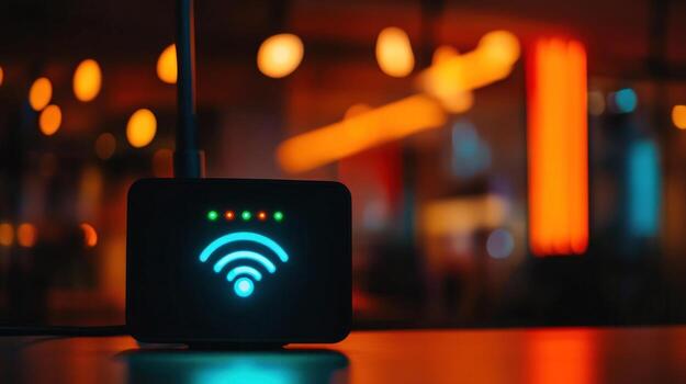 inalámbrico enrutador brillante en un bokeh noche ajuste foto