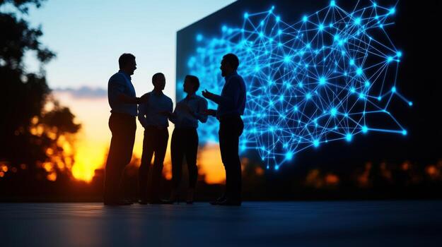 Silhouetted Business Team Networking at Sunset with Digital Network Background photo