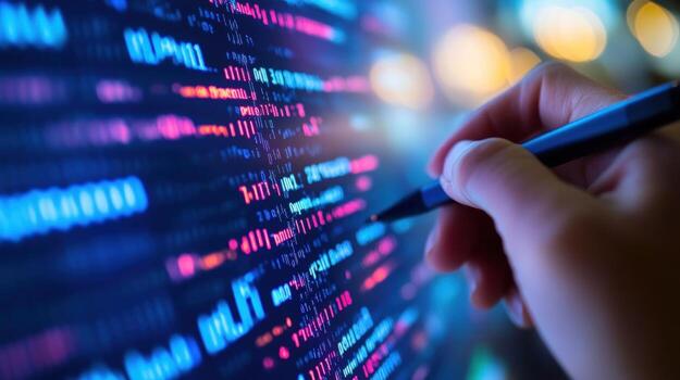 Coding, Programming, Software Development Hand using stylus on a screen filled with colorful lines of code. A digital world visualization. photo