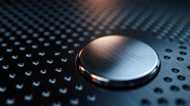 Abstract Metallic Button A CloseUp Macro Shot of a Brushed Metal Button on a Textured Surface photo