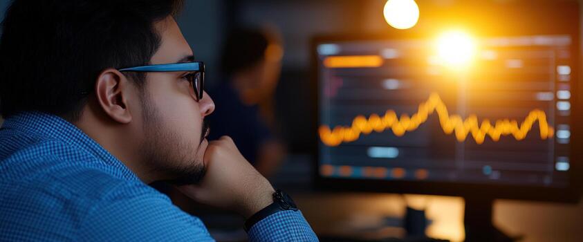 Focused Trader Analyzing Market Trends on Computer Screen photo