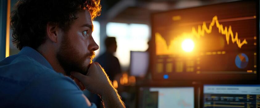 Focused Trader Analyzing Market Data on Multiple Screens photo