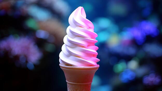 Refreshing Swirl of Soft Serve Ice Cream with Colorful Bokeh Lights. photo