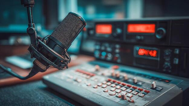 Professional Microphone and Audio Mixer in a Studio Setting. photo