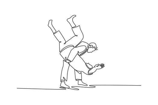 Continuous one line drawing man athlete performing martial arts throw on his opponent. Symbolizing strength, skill, and power of takedown technique. Single line draw design graphic illustration vector