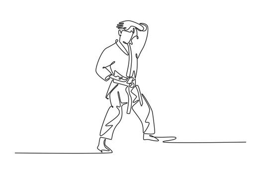 Single one line drawing man karate athlete performing a defensive high block. Symbolizing self-defense, discipline, and athletic art of karate. Continuous line draw design graphic illustration vector