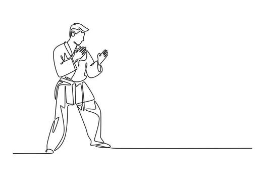 Single one line drawing active man in karate uniform is in ready stance. Symbolizing poised discipline, mental focus, and preparation for fight. Continuous line draw design graphic illustration vector