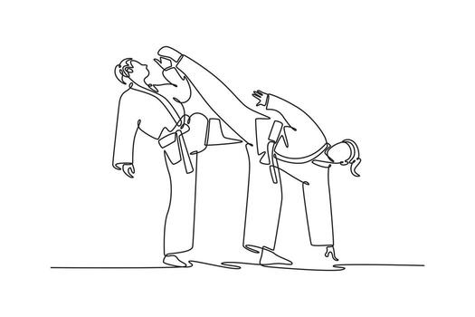 Single continuous line drawing female fighter delivering a decisive kick to her opponent. Symbolizing power, skill, and the outcome of a match. Dynamic one line draw graphic design illustration vector