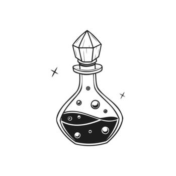 magia poción o elixir en un vaso botella con un cristal tapón. un mano dibujado ilustración para fantasía juegos juegos de rol y mágico deletrear conceptos vector