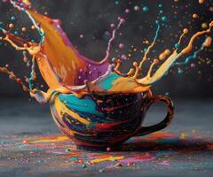 levendig kleuren ontploffen van een koffie kop creëren een verbijsterend zichtbaar effect in een dynamisch keuken instelling video