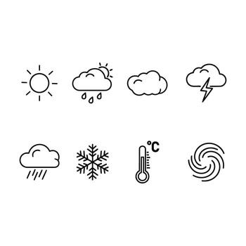 Art of set of weather icons including sun, clouds, rain, thunderstorm, snowflake, thermometer, and hurricane vector