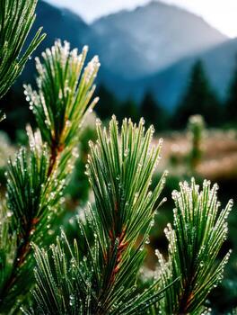 Pine needles sparkling with morning dew photo
