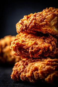 Crispy fried chicken stacked close-up photo