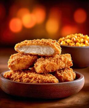 Crispy chicken nuggets stacked on plate photo