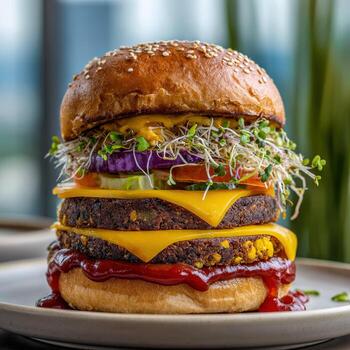 Double veggie burger with sprouts and cheese photo