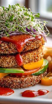 Quinoa burger stack with fresh sprouts photo