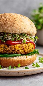 A hamburger with vegetables and sprouts on a plate photo