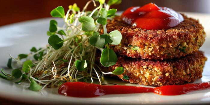 Two stacked fritters with sprouts photo
