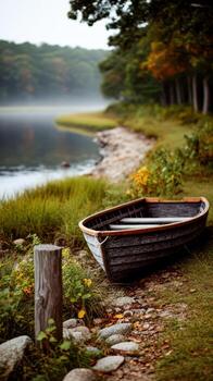 A rowboat on the shore of a lake photo