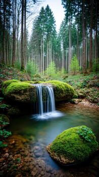 A small waterfall in the middle of a forest photo