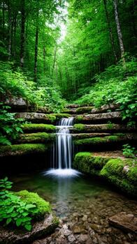 Waterfall flows through the lush forest photo