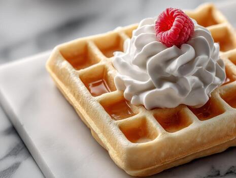 Waffle with whipped cream and raspberry photo