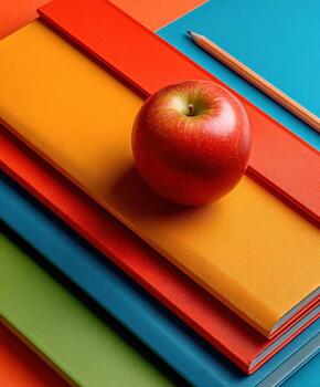 Apple on colorful notebooks and pencil photo