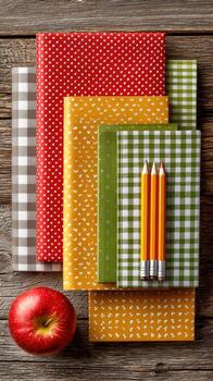 Notebooks and pencils with red apple photo