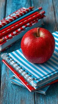 Apple on notebooks with pencils on a blue table photo