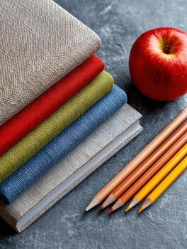 Stack of notebooks with apple and pencils photo