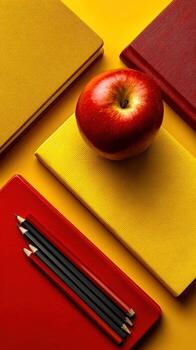 Apple on notebooks with pencils photo