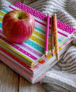 A stack of books with an apple and pencils photo