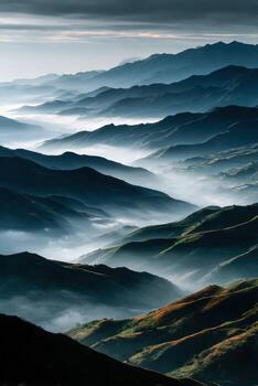 A view of the mountains with fog and clouds photo