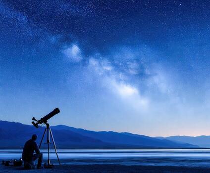 A man is looking at a telescope in the sky photo