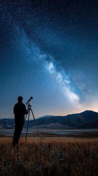 A man is looking at the milky with a telescope photo