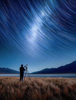 A man is standing in front of a camera with a star trail in the sky photo