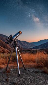 A telescope on a tripod in the middle of a field photo