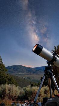 A telescope is set up on a hillside photo