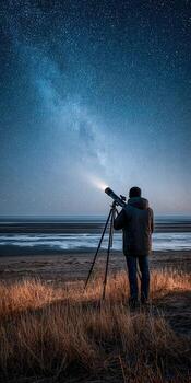 A man looking at the sky with a telescope photo
