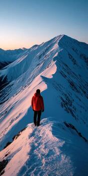 Exploring snowy mountains at sunset photo